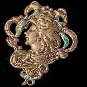 Vintage art nouveau silvertone woman's profile brooch with green and lavender